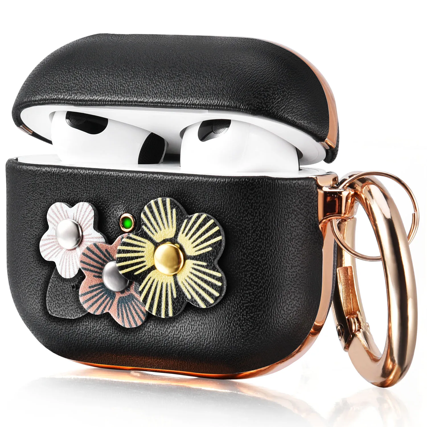 

Fit for New Airpod 3 Cases ,3D Flower Genuine Leather Wireless Charging Protective Cover with Keychain for Apple new Airpod 3
