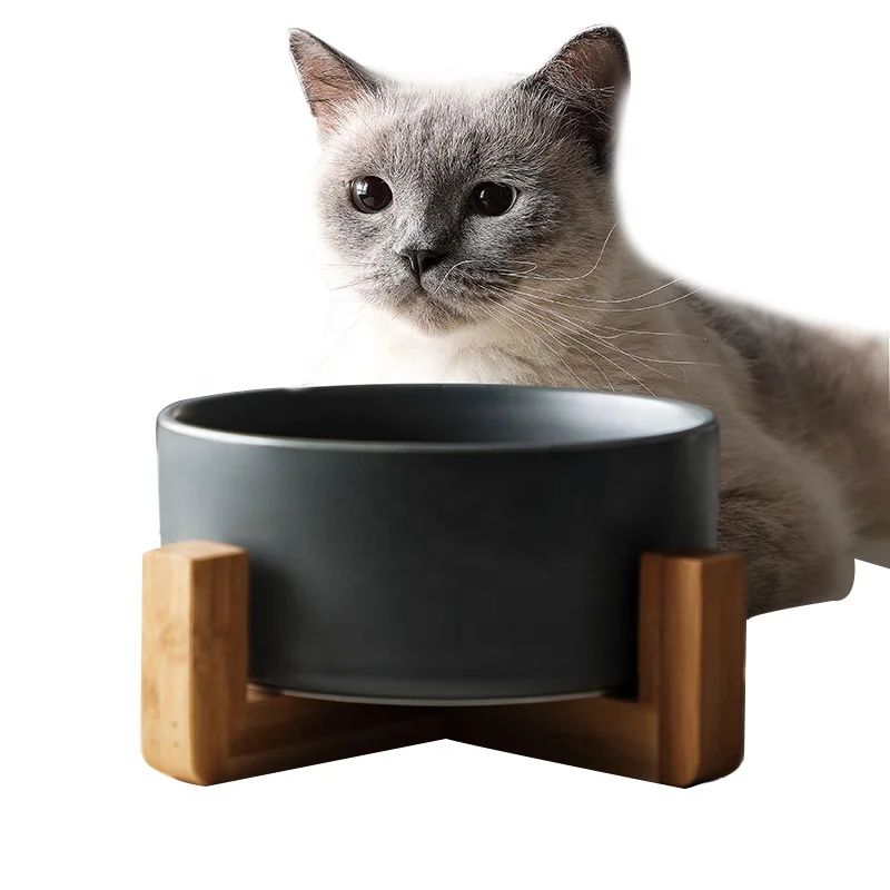 

2021 custom New Design Colorful Ceramic Pet Bowl For Dogs And Cats With Bamboo Shelf Eco-friendly Pet Bowl, Green,yellow,grey,white