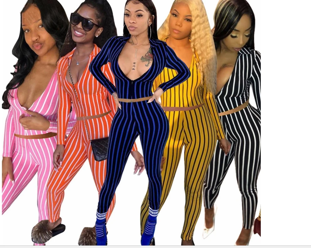 

XM-2090523 Best selling Autumn Winter V-neck Zipper Striped Women Sexy 2 Pcs Outfits Two Piece Set