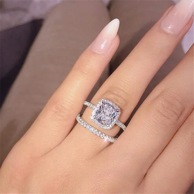 

European and American new couple rings, popular fashion four-claw zircon ring 2-piece set, wholesale eBay jewelry, Picture shows