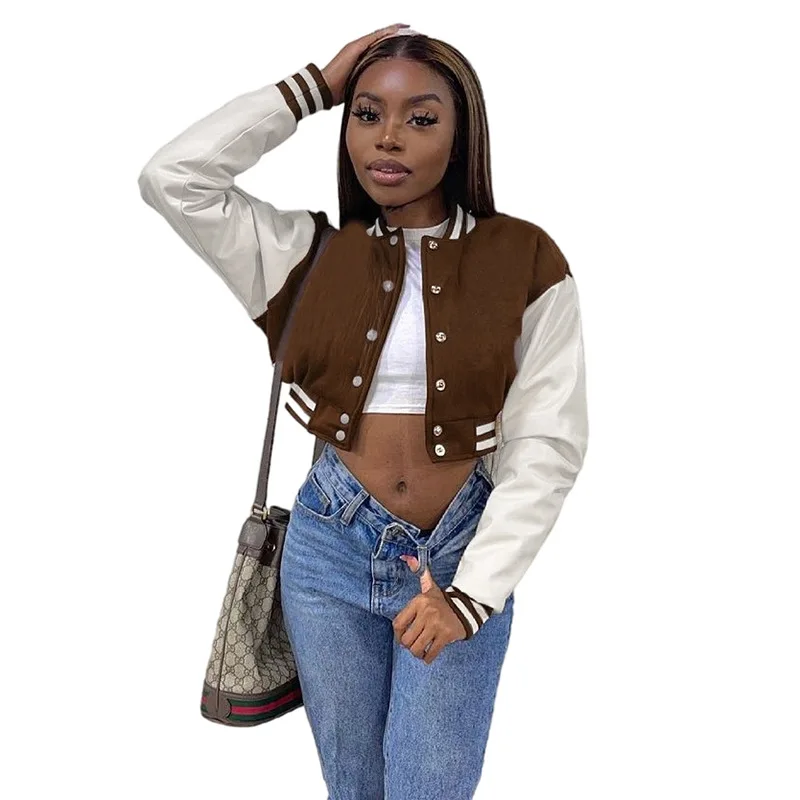 

DFG HOT 2021 Winter Long Sleeve Baseball Jacket Faux Leather Patchwork Button Bomber Jackets Women Crop Coat Brown