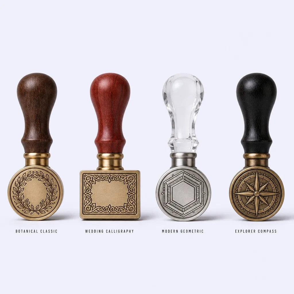 Four stamp styles side by side - Botanical Classic, Wedding Calligraphy, Modern Geometric, Explorer Compass comparison