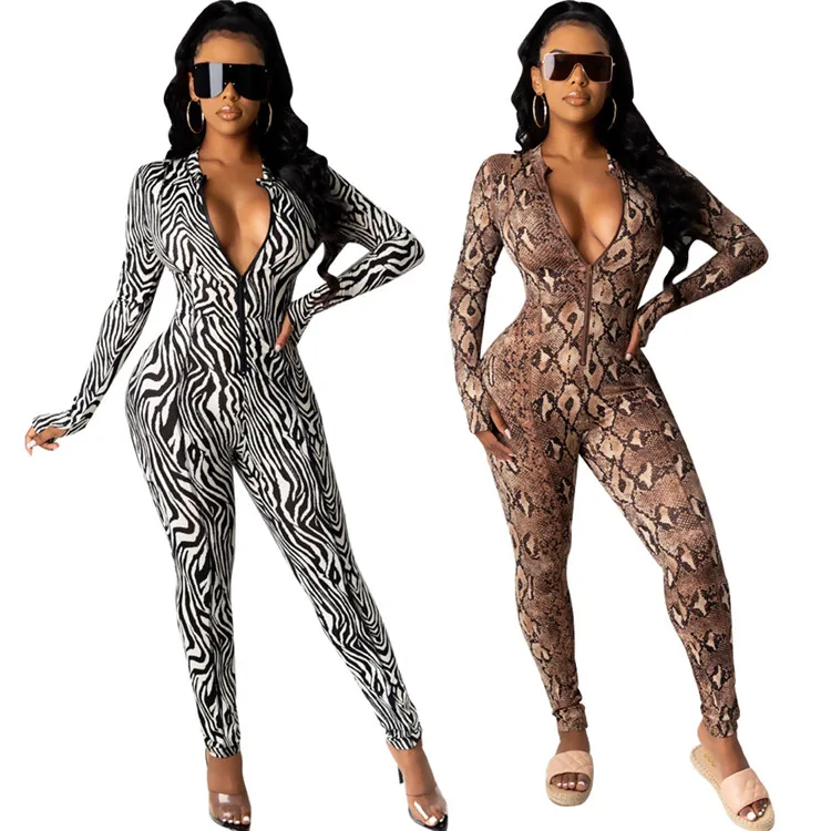 

Zebra Print Snake Print Zipper Long Sleeve Jumpsuit Women Women Jumpsuits And Rompers Sexy Jumpsuits Club Wear Autumn