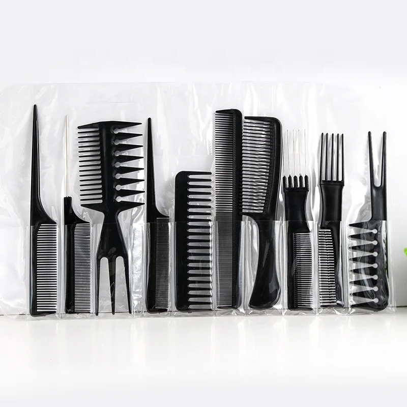 

New Arrival Black 10 pcs set with pointed tail comb hair straightening brush salon hair styling plastic barbers combs set