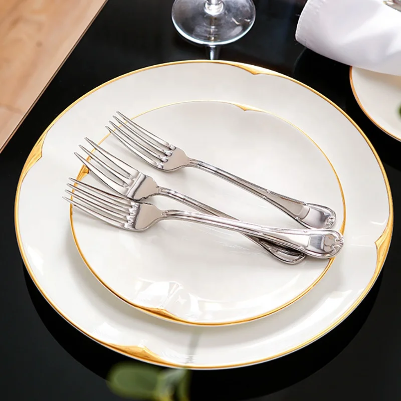 

Phnom Penh Dish Custom Printed Gold Rim Dining Food Ceramic Porcelain Serving Plate, White black gold