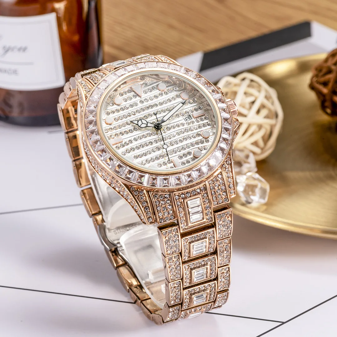 

2022 fine jewelry new hot selling luxury watch fashion stainless steel watch men's diamond quartz watch band calendar