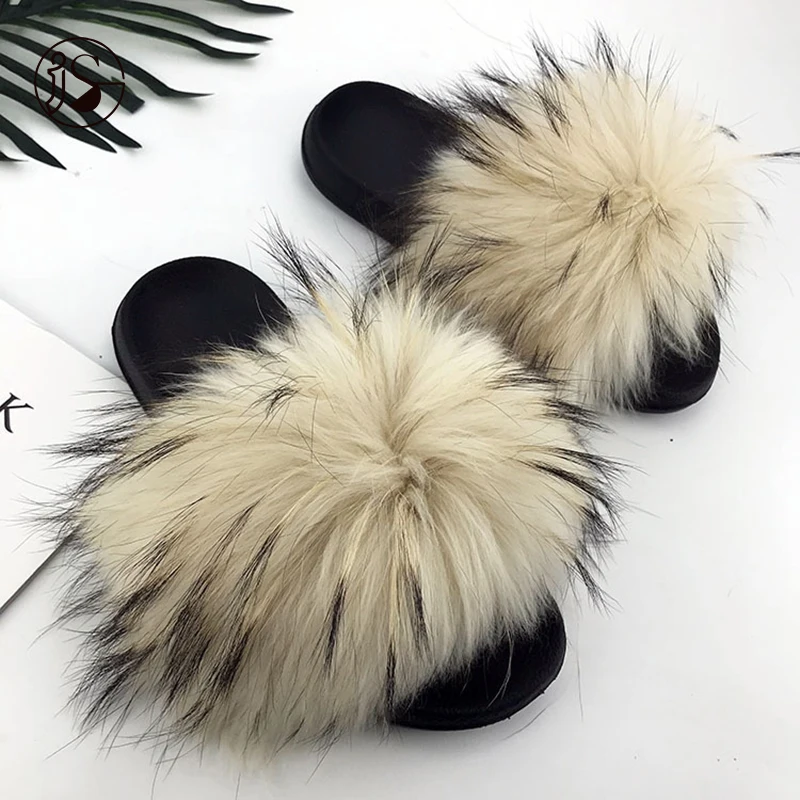 

2021 Hot popular women furry sandals Exquisite real big raccoon fur slippers Comfy Various Styles fur slides for ladies, Picture