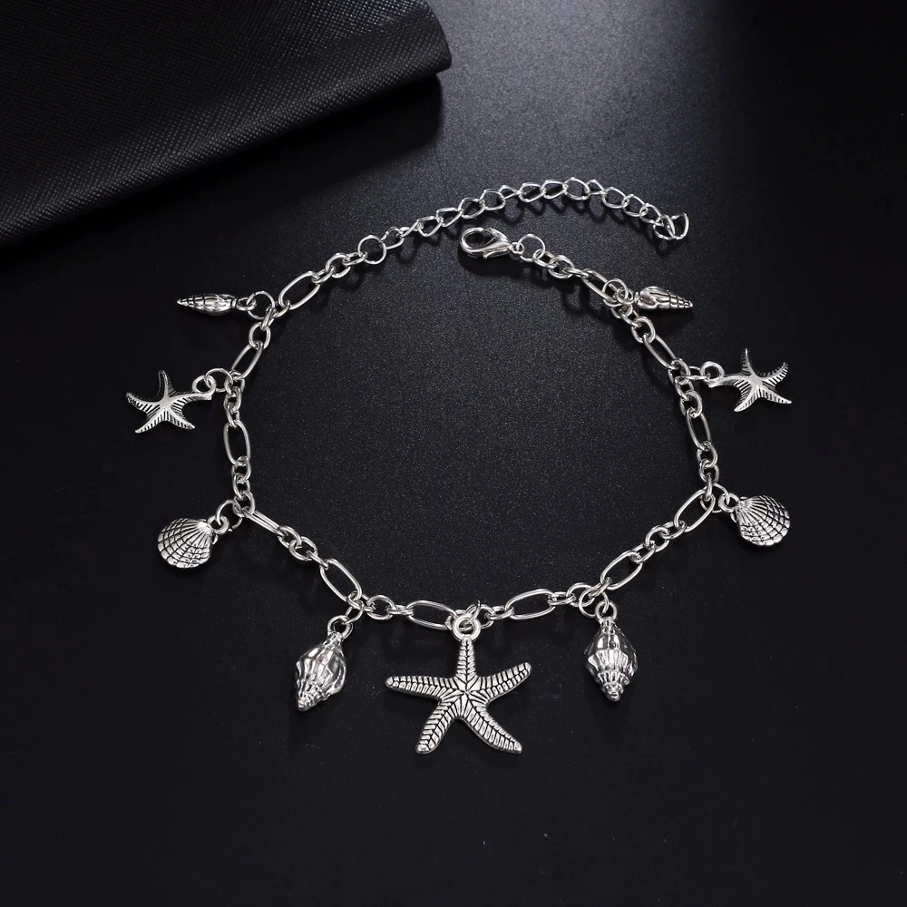 

New Vintage Anklets for Women Starfish Shell Pendant Anklet Summer Beach Foot Ankle Bohemian Anklet Bracelet On Leg Jewelry, Silver