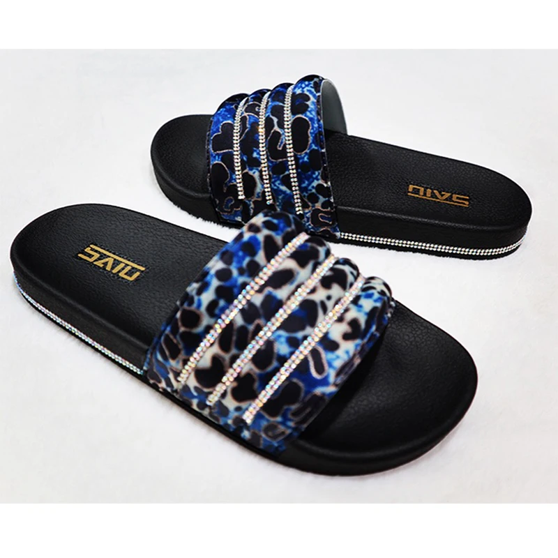 

new design women leopard rhinestone slides leopard sandals fashion lady leopard diamond slippers, Blue, red, browm