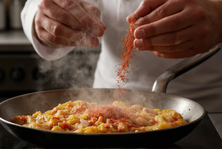 Chef's hands sprinkling red spices into sizzling skillet with steam rising, professional food photography style