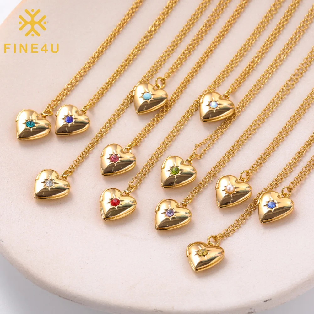 

Valentine'S Day Jewelry Gift Women Fashion Gold Plated Photo Locket Zircon Heart Birthstone Necklace