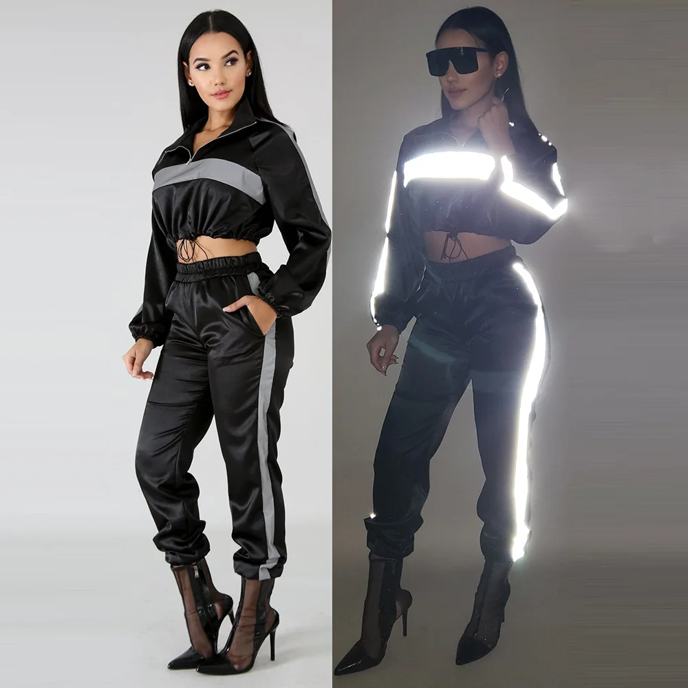

ecowalson Reflective Two Piece Set Drawstring Crop Top and Pants Hip Hop Club Festival Outfit Tracksuit Joggers Suit