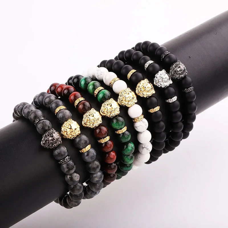 

High Quality Punk Natural Stone Beads Stainless Steel Lion Head Charm Custom Logo Elastic Beaded Bracelet Men