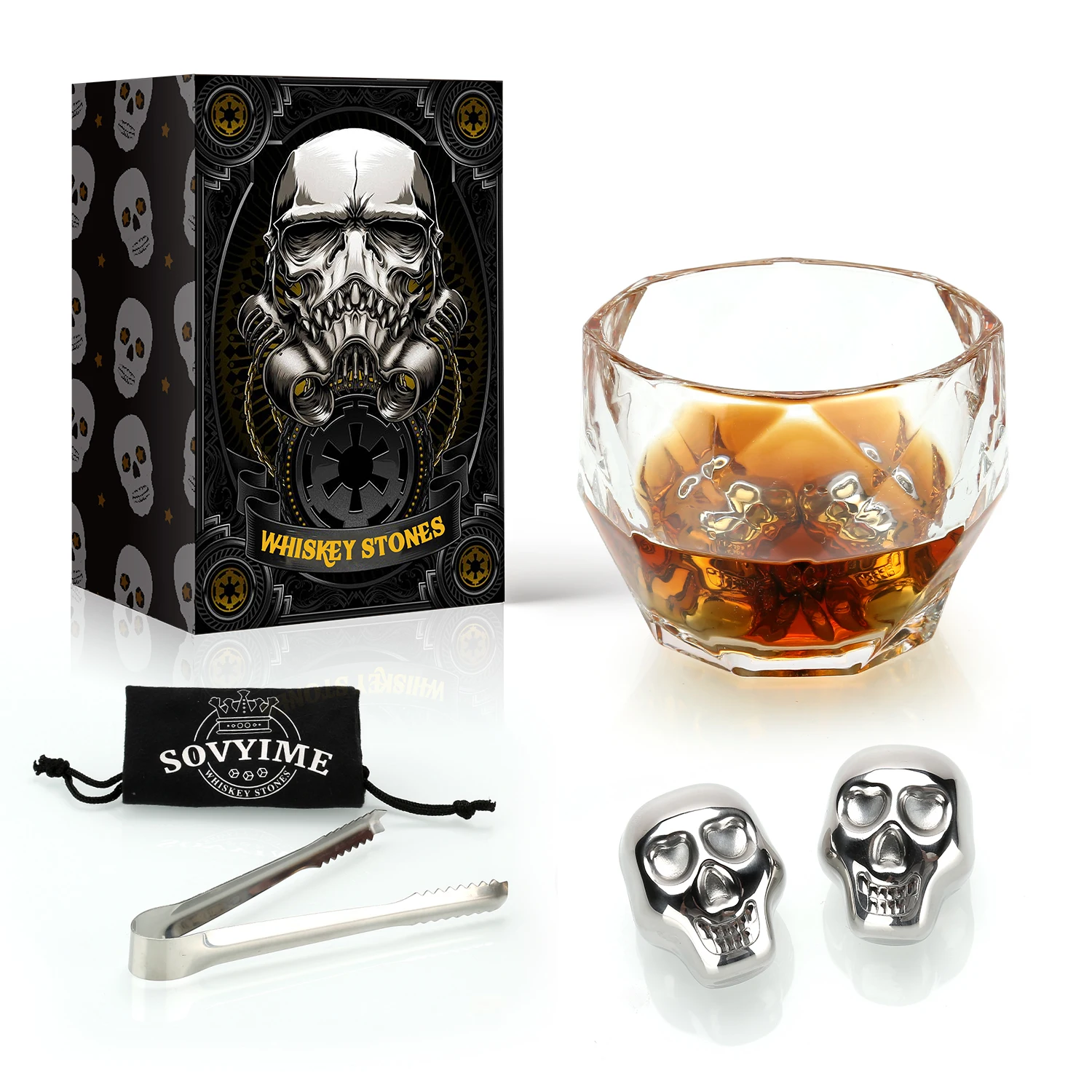 

Whiskey Stone Glass Gift Set Octagon Luxury Glass Reusable Stainless Steel Stones Chill Rocks Ideal Novelty Gift For Men