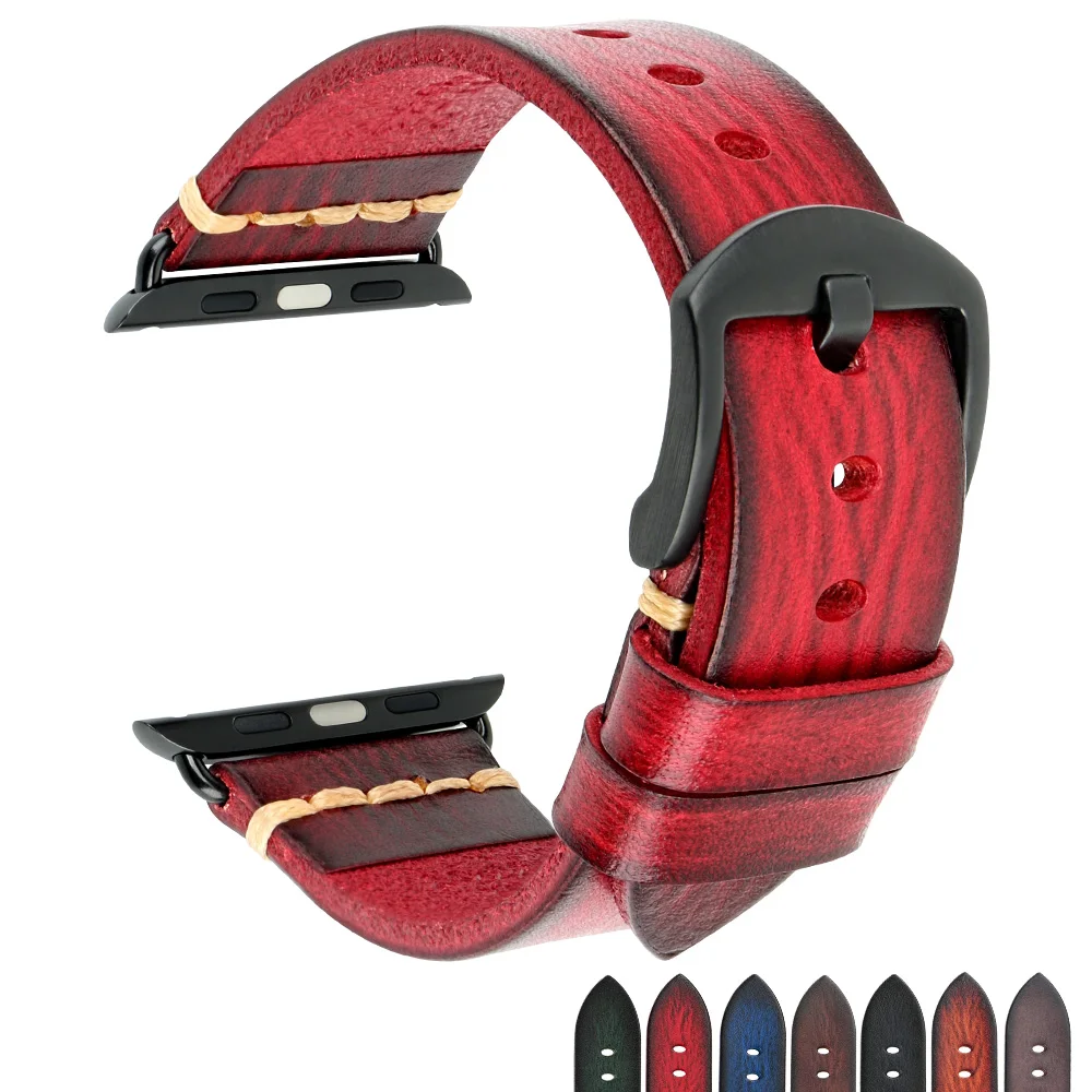 

Hand Painted Luxury Vintage Leather Bands Compatible with Apple Watch Straps 38mm 40mm 42mm 44mm for iWatch Series SE 5/4/3/2/1, Green/red/natural brown/dark brown/ask black/grey