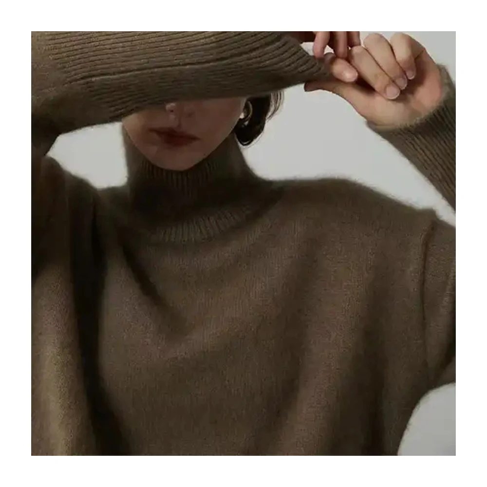 

Winter Thick Warm Knitted Women's Sweater Set Fashionable Long Sleeve 100% Woolen Pullover Turtleneck Sweater Set For Women