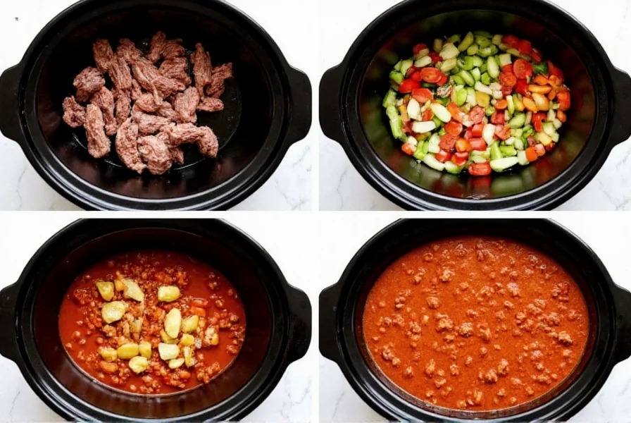 Step-by-step crock pot chili preparation showing browning meat, adding vegetables, and finished chili in slow cooker