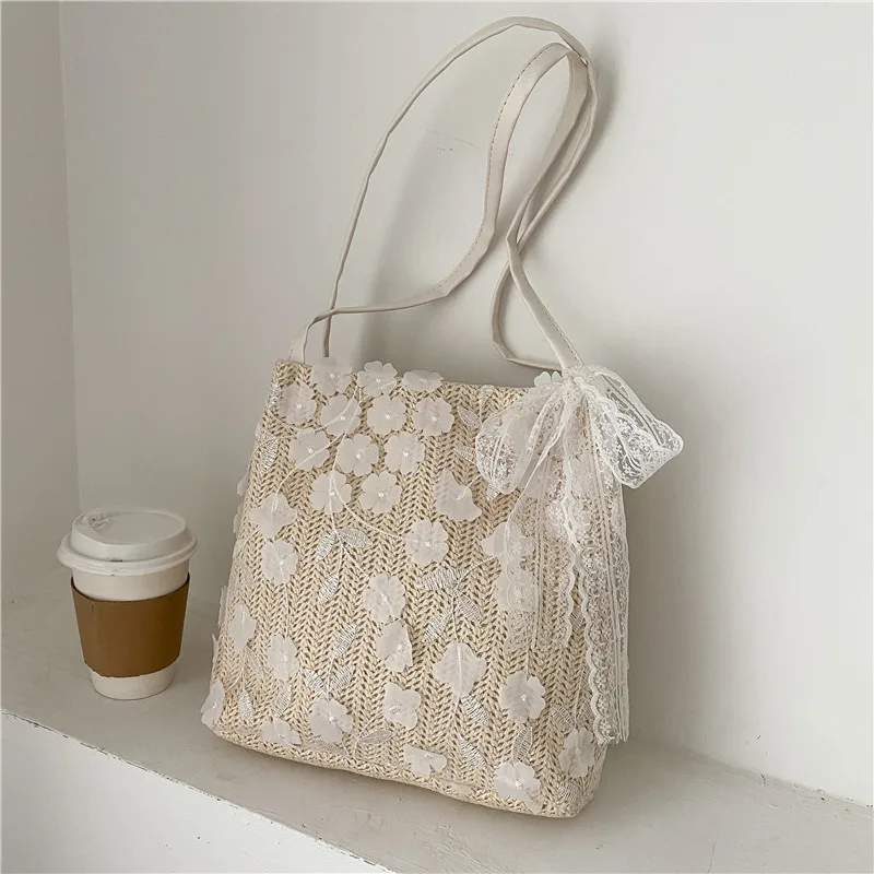 

Handbags For Women Fairy Lace Tide With Bucket Portable Straw Woven Female Bag Tide One-Shoulder Small Fresh Shopping Bag, Picture color