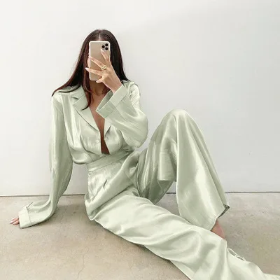 

High Street Luxe Long Sleeve Sleepwear Set Customize Women Pajamas Outfits, Green, or customized color