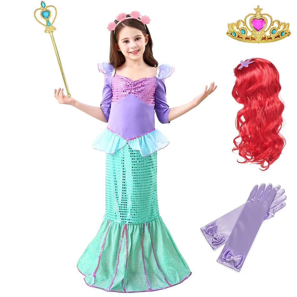

Girls Fancy Princess Ariel Party Dress up Halloween Little Mermaid Comic Con Cosplay Costume Children Carnival Role Play Dress, Purple&green