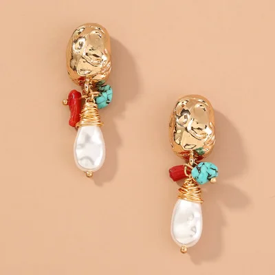 

New Design Ethnic Style Jewelry C Shape Circle Pearl Drop Earrings Natural Stone Wrapped Pearl Earrings