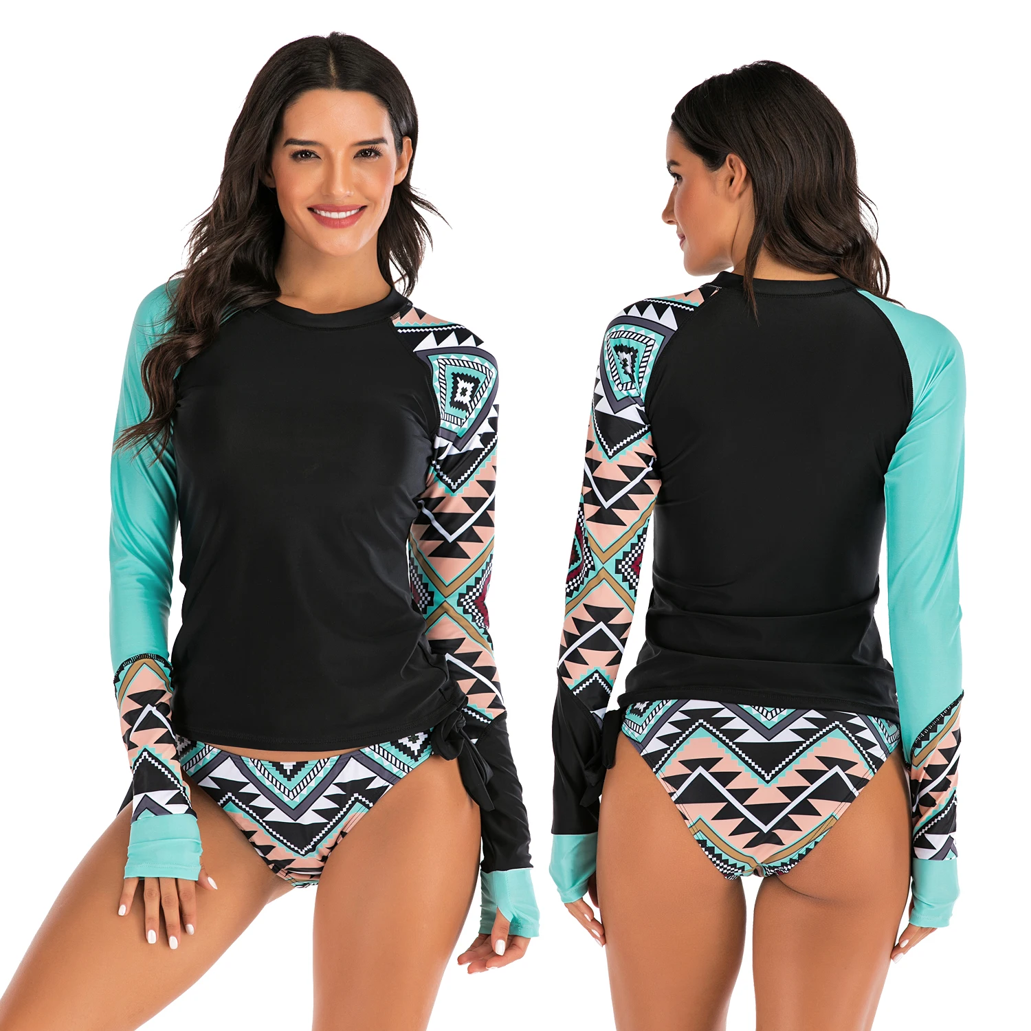 

women long sleeve body black floral sleeves custom printed rash guard tankini swimsuits, Black printing