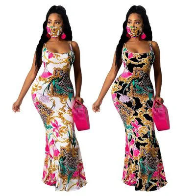 

20701-mx68 Bohemian Mermaid Floral Leopard Maxi Dress Women