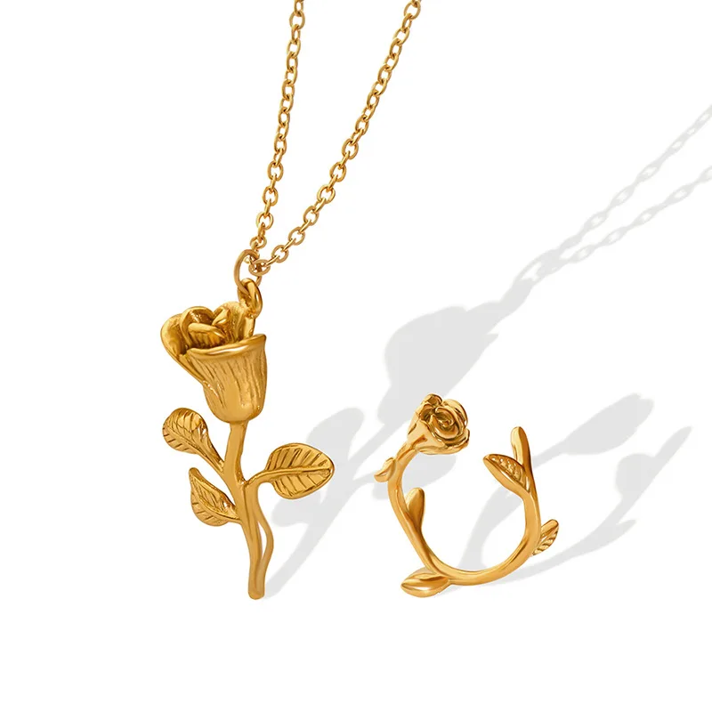 Fashion Design Gold Plating Stainless Steel Rose Flower Charm Pendant Chokers Necklace Ring Set Women