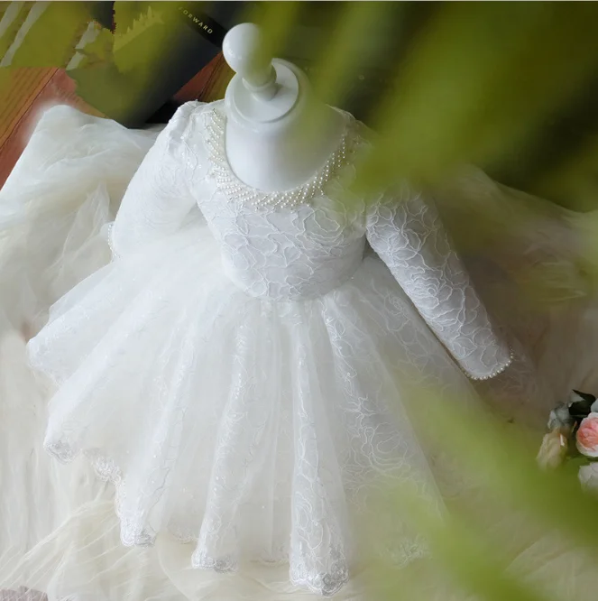 

White Lace Bridemaid Ball Gown Baby Girl Christening Dress Long Sleeve Baptism Frock for First Communion