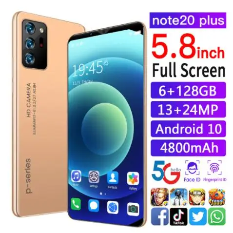 

5.8 inch Note20 Plus Global Version 6+128GB 10 Core 13+24MP Smartphone Face Fingerprint Unlock Andriod 10 Cell Phone