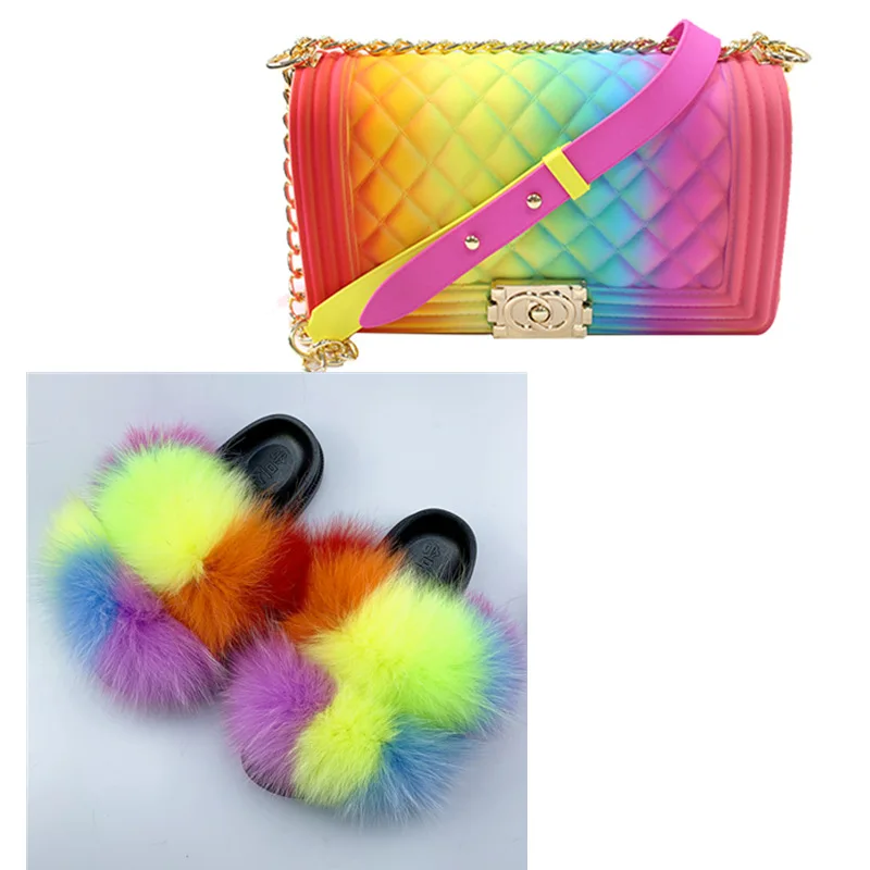 

2021 Hot Sale Women's Plush Slippers High Quality Real Fox With Pvc Color Jelly Bag Set Wholesale Customization