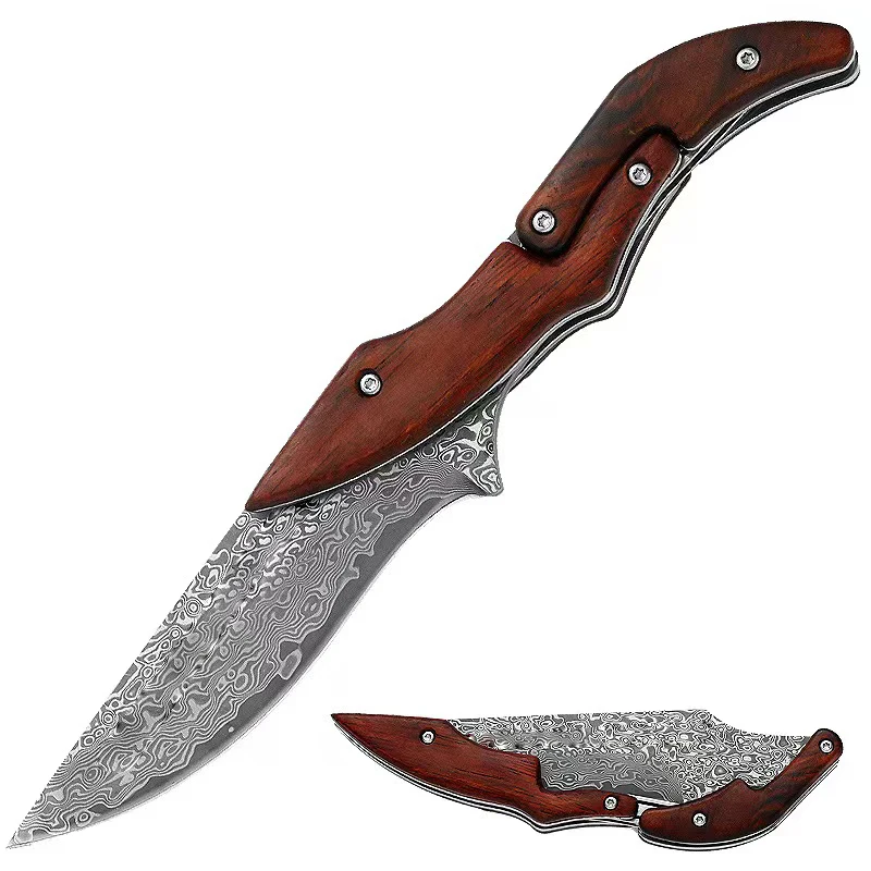 

Mechanical handle folding knife camping outdoor Damascus pocket knife safety open rose wood handle customize logo EDC survival