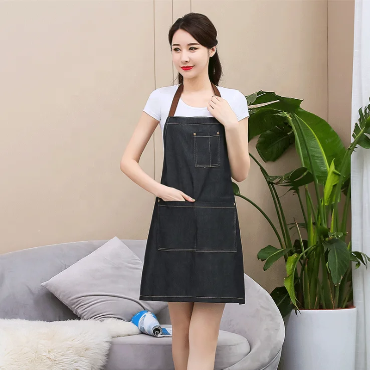 

Adult Jeans Kitchen Apron with Pocket, Black/blue