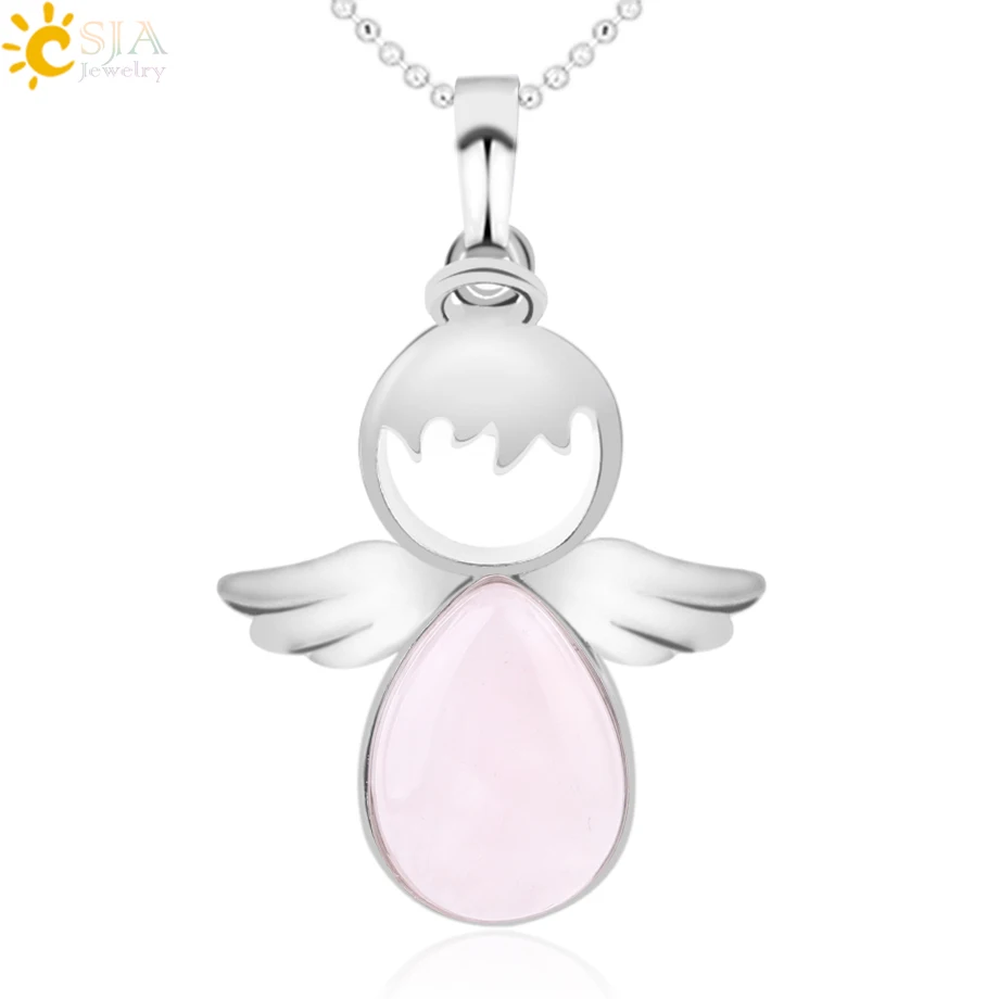 

CSJA lovely angel wings necklace natural stone water drop bead quartz crystal angel pendant necklace jewelry F754