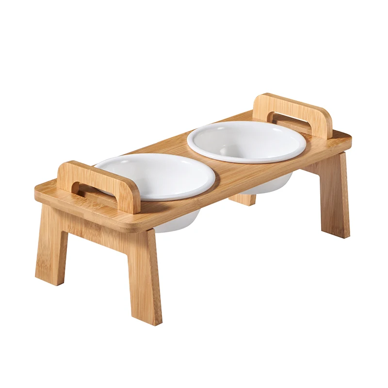 

Good quality separate three pet bowl bamboo-wood padded pet feeding bowl separate feeding dog bowls