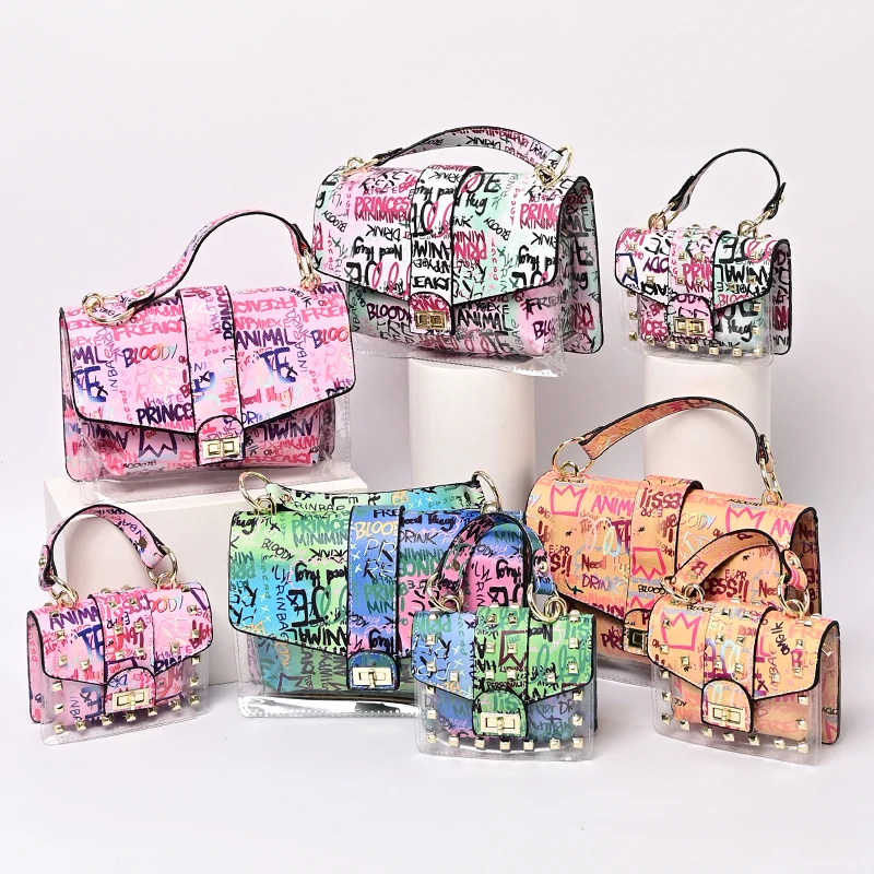 

2 In 1 Graffiti Purses And Handbags For Women Half Clear PVC Crossbody Bags Wholesale Mommy And Me Two Piece Rivet Handbag Set, 11 colors