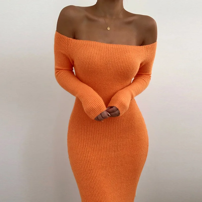 

2020 Spring Summer women's dress new long fashion dress off shoulder rib knit bodycon dress clothing stylish sexy maxi