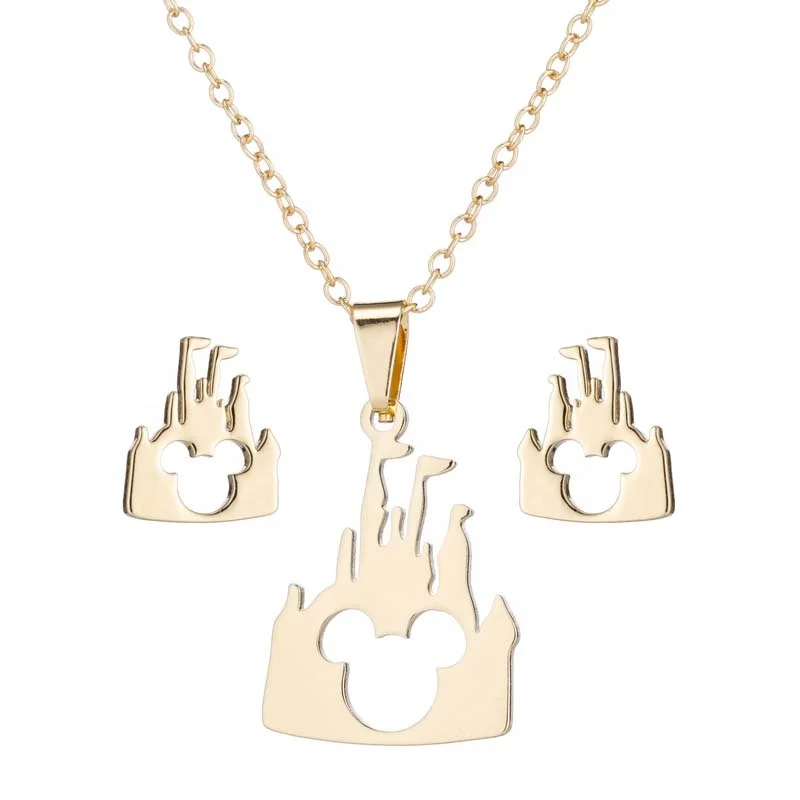 

2021 Vintage Dream Castle Pendant Charm Necklace Earrings Sets Stainless Steel Origami Necklace Gift Jewelry