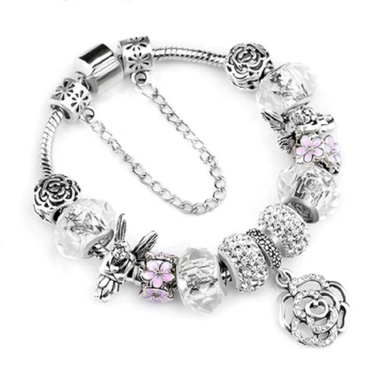 

Fashion Silver Crystal Flower Fairy Bead Charms Bracelet Bangle For Women Bracelets Jewelry, As pictures show