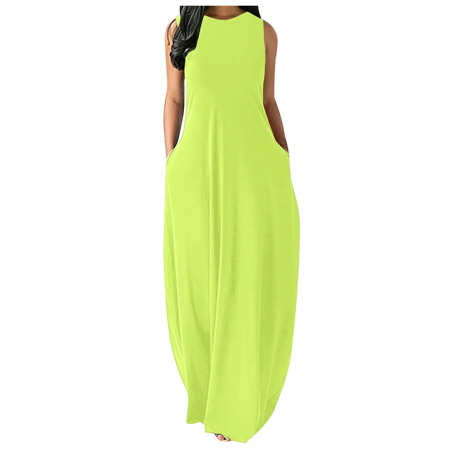 

Round neck sleeveless Pockets Ladies Solid Color Long dresses women lady elegant casual Women Fashion Maxi dress