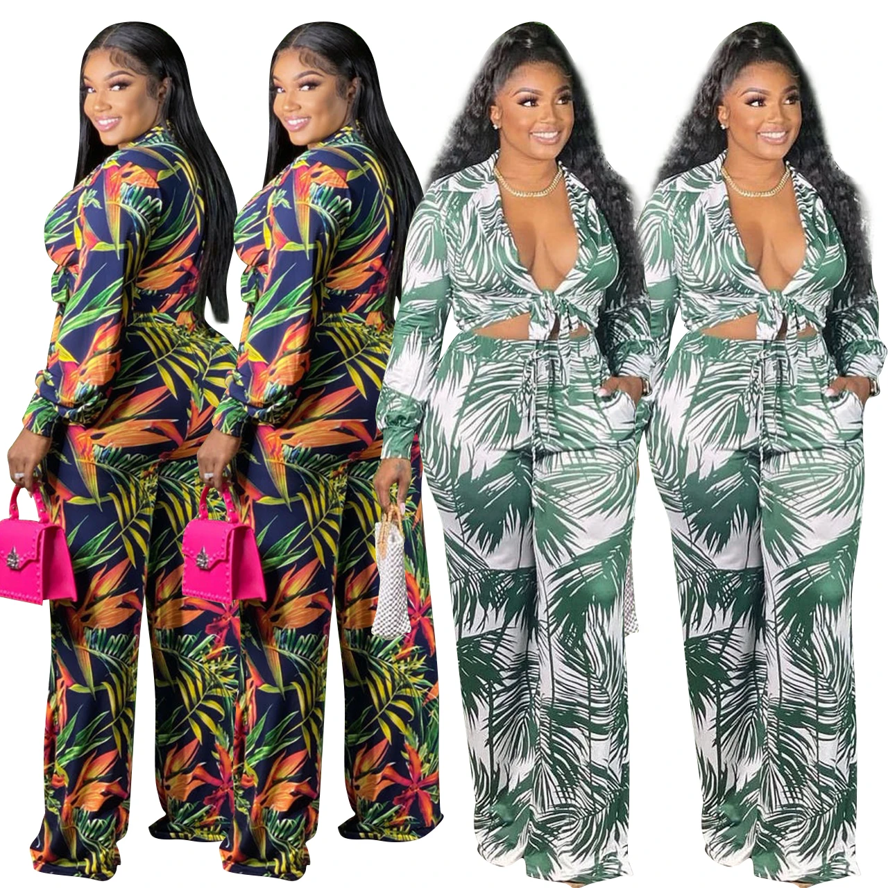 

Fall New Bohemian Print Plus Size Women Clothing Two Piece Wide Leg Pants Set
