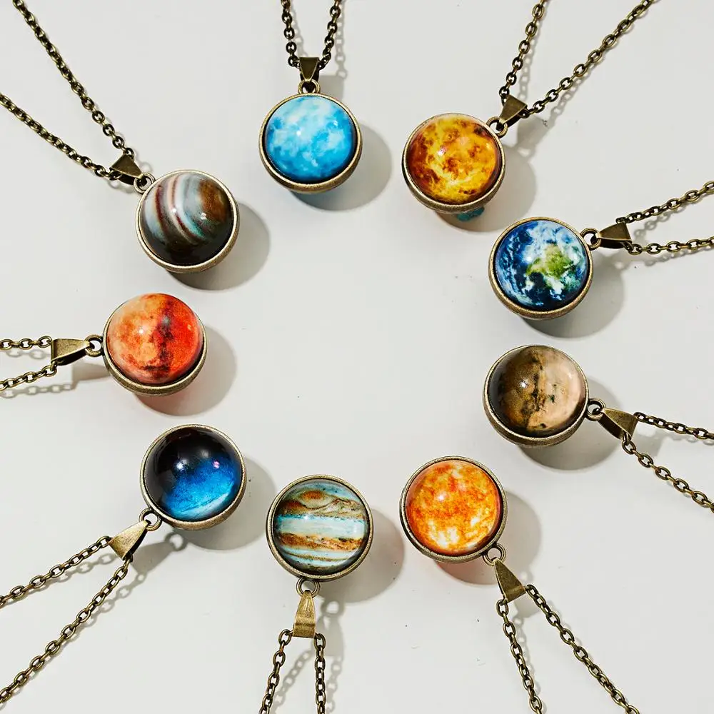 

2021 Vintage Sun Earth Jupiter Planet Glass Ball Chain Necklace Luminous Planet Necklace Saturn Necklace