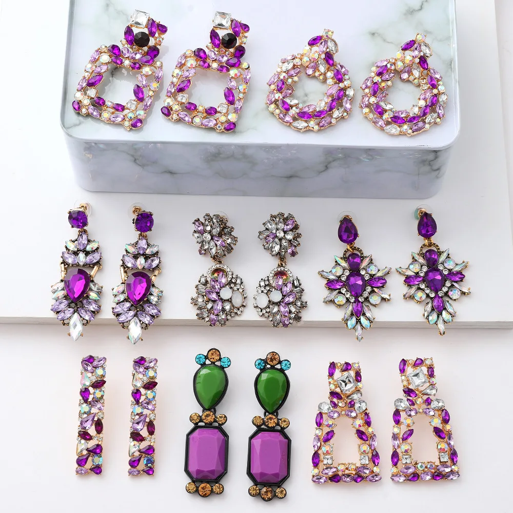 HOVANCI crystal earrings and jewelry 12 colourful purple crystal rhinestone statement earrings