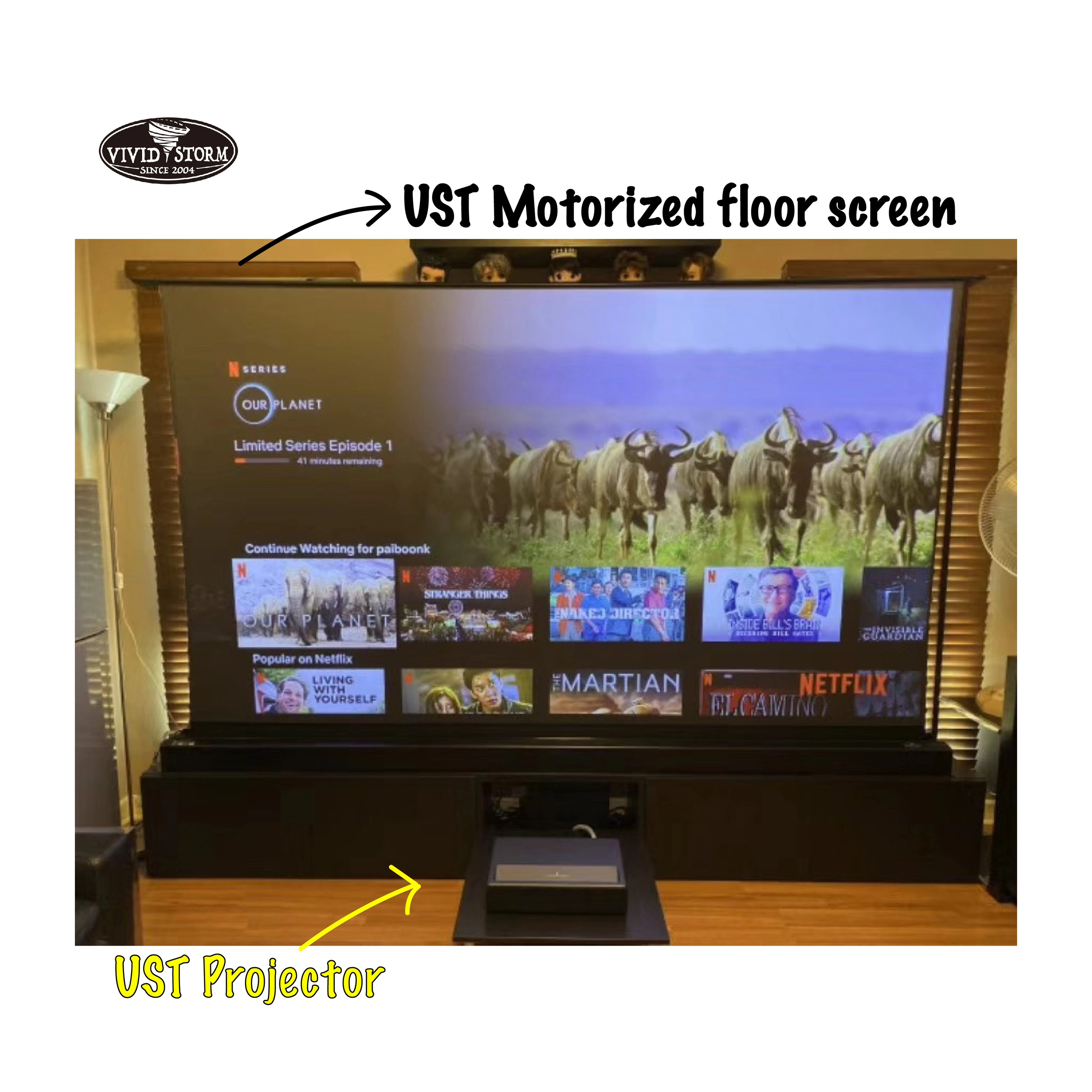 

VIVIDSTORM PRO 2pcs 84 inch electric floor screen for UST ALR Laser TV Projector wireless trigger 8K/4K UHD movie screen