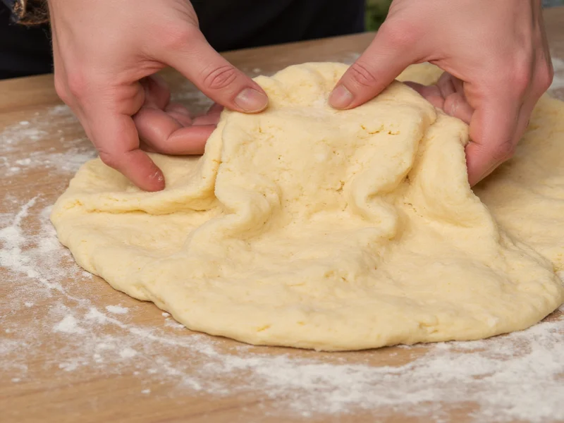 Hands gently folding soft biscuit dough to create perfect flaky layers