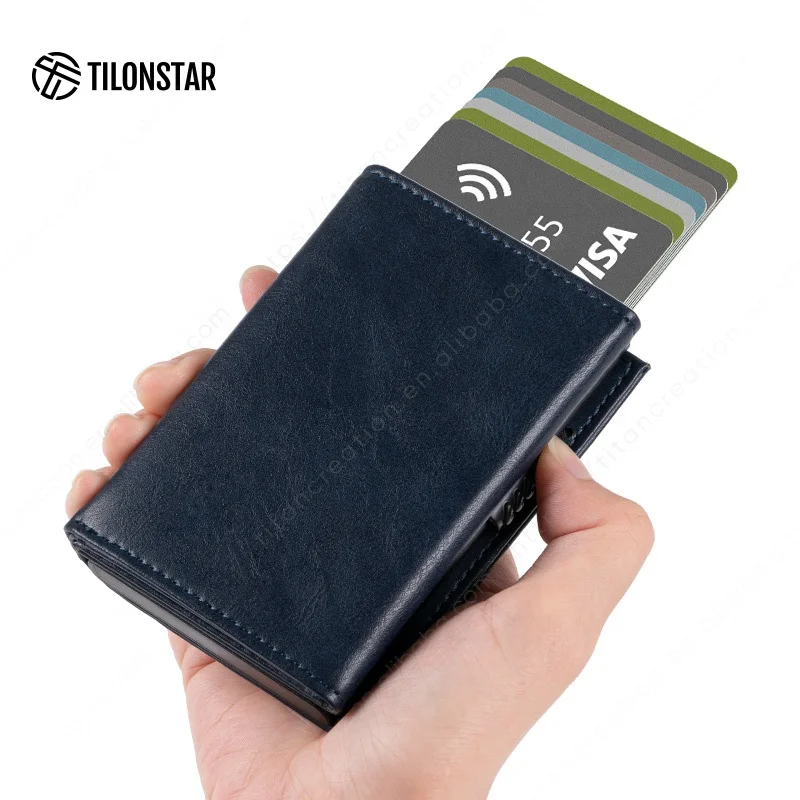 

Free Shipping Patented Card Case Genuine Leather Pop Up Wallet Rfid Blocking Wallet Credit Card Holder Aluminum Wallet