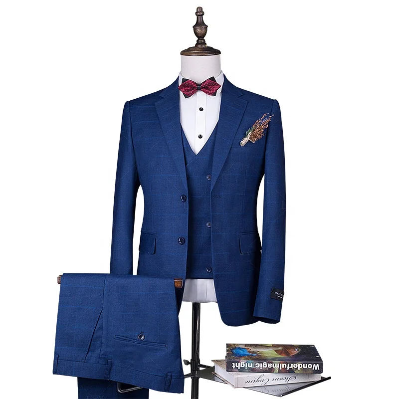 

Blue Plain Jacket Vest Pants Single Breasted Formal Tuxedo Mens Suits