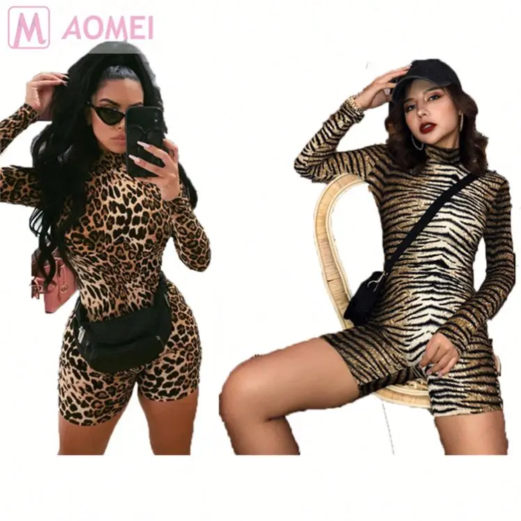 B6022 sexy turtleneck long sleeve tiger stripe leopard print bodycon Clothing Jumpsuit Woman