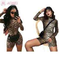 

B6022 sexy turtleneck long sleeve tiger stripe leopard print bodycon Clothing Jumpsuit Woman