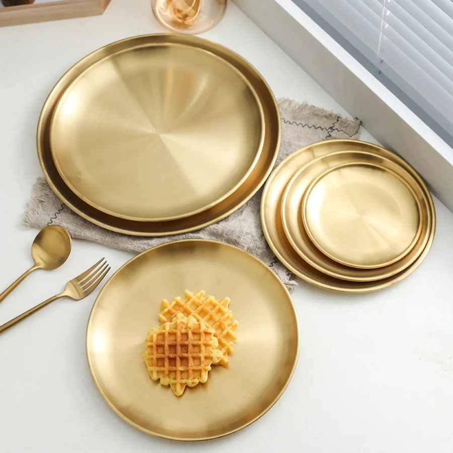

Wholesale Luxury Royal Modern Restaurant Plate Stainless Steel Gold Round Tray Serving Dishes Plates